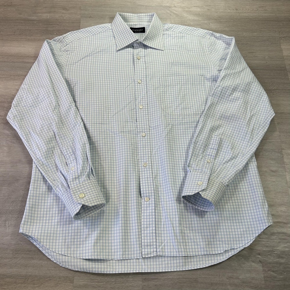 Canali Dress Shirt Mens 17 34/35 Blue Gingham Classic Fit Made Italy Cotton